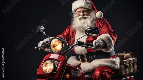 Profile side view of nice bearded cheerful fat funky Santa riding moped carrying pile stack fairy purchases shopping discount