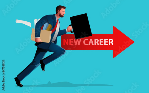 Illustration of a determined businessman in motion, carrying his office personal belongings, as he embarks on a new career journey. Symbolizes change, ambition, and the pursuit of fresh opportunities