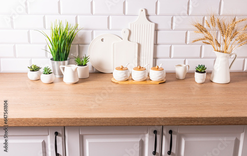 Beautiful modern kitchen countertop background in light colors. natural materials. Eco style. Cozy clean house.