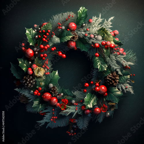 Christmas wreath made of berries and evergreens, generative AI.
