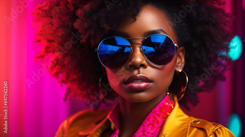 High fashion studio portrait of African american woman with sunglasses, beautiful makeup, bright neon colors - Generative AI