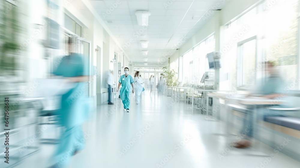 Blurred image of Hospital Lobby. Doctors, Nurses, Assistant Personnel and Patients Working and Walking in the Lobby of the Medical Facility