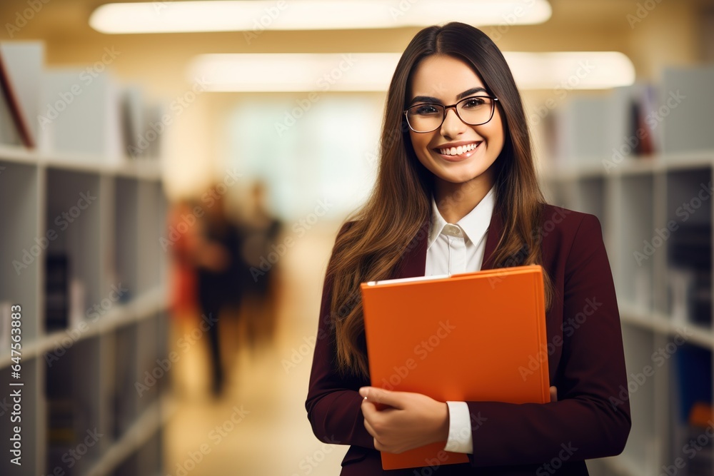 Fototapeta premium Attractive young Businesswoman holding a large open binder as she looks at the camera with a sweet friendly smile. Generative AI