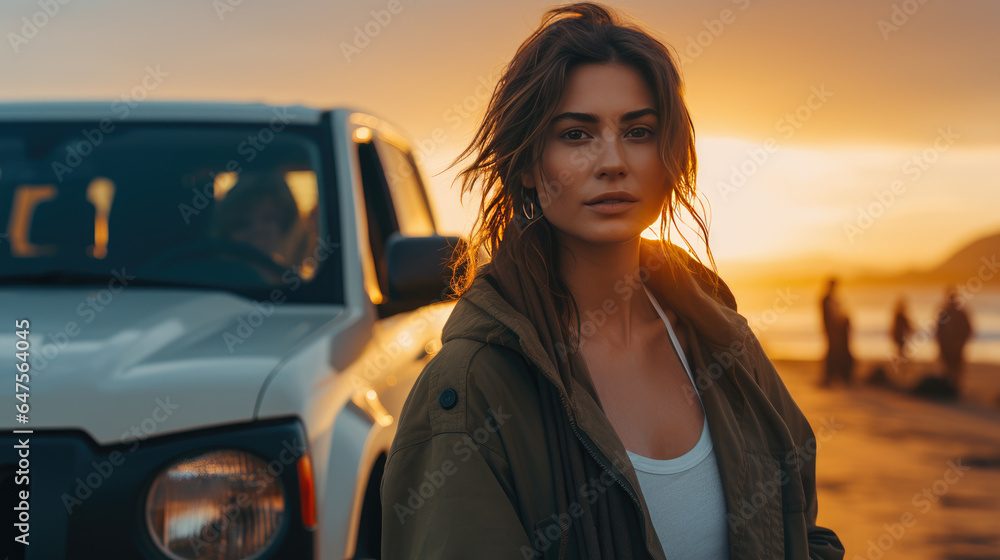 Cinematic view of a woman on vacation, by her car with a golden sea horizon