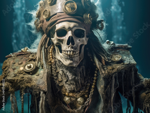 Haunted underwater scene featuring battle-scarred skeleton pirate king near treasure