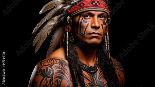 Studio headshot of Native American man with tattoo, adorned in chief's feather headdress