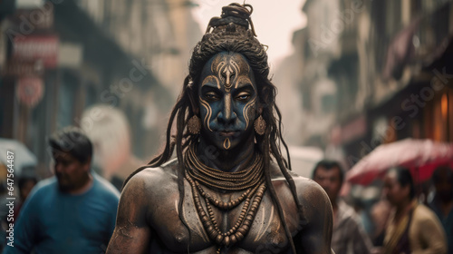 Tall, dark figure in Lord Shiva costume walking on the street, embodying Hindu devotion