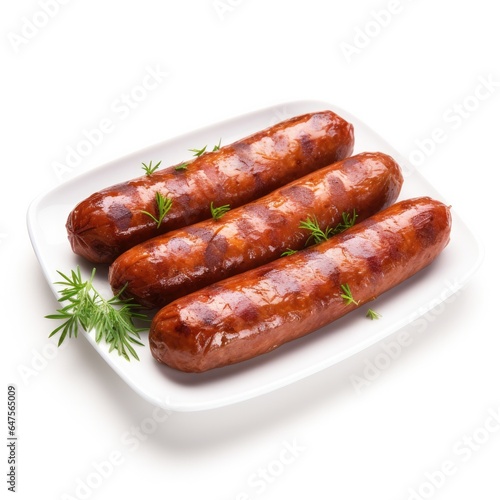Juicy fresh sausage on a white background. Generative AI.