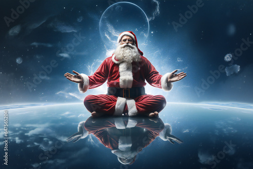 Santa Claus in a Yoga Meditative Pose: A Whimsical Take on Holiday Stress Relief,Ideal for holiday health and wellness campaigns, Christmas promotions, or for a fun and approach to holiday stress