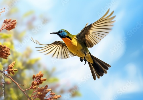 Olive backed sunbird, Yellow bellied sunbird flying in the bright sky. photo
