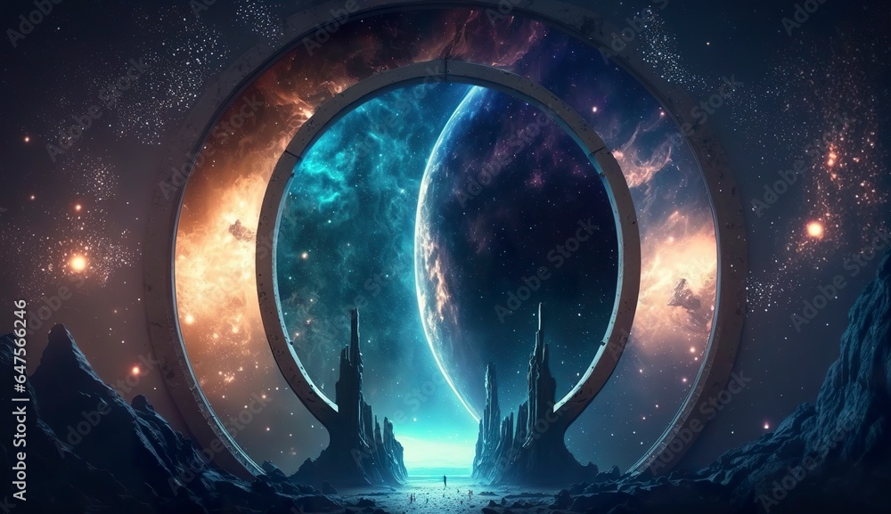 Portal to another world. Futuristic cosmic landscape with circle tunnel in starry sky. Portal to another world. Futuristic cosmic landscape with circle tunnel in starry sky.