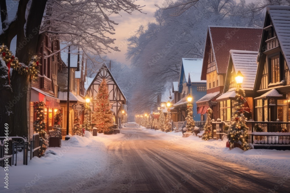 A charming small town covered in a fresh blanket of snow during the holiday season.