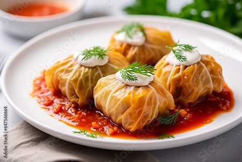 Stuffed cabbage with rice on a white table.