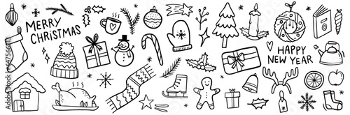 Merry Xmas and a happy new year doodle set. Cosy December winter collection for the holidays.
