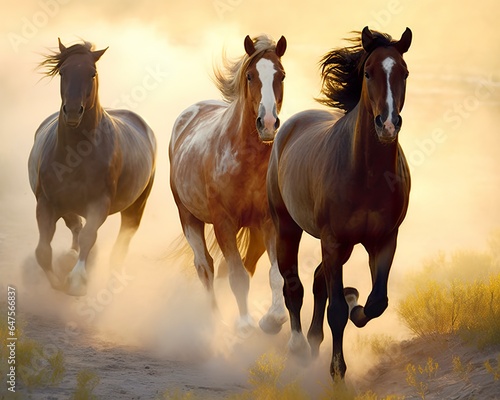 A group of horses running on the land.