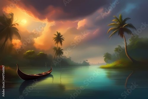 Sunset over kerala backwaters with a boat parked in the lake. photo