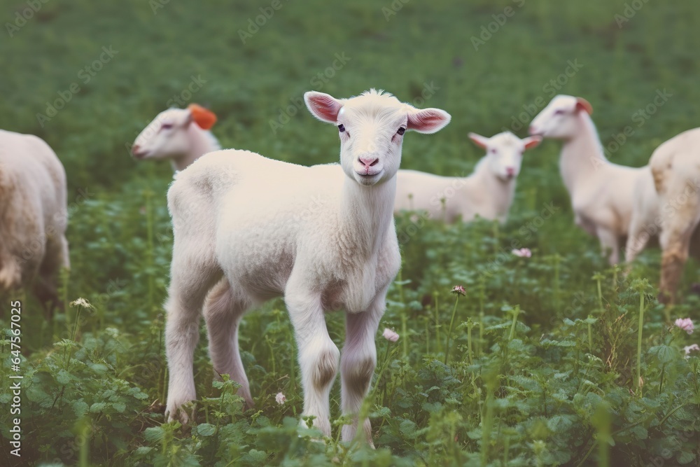 White lamb in a field in front of other animals.