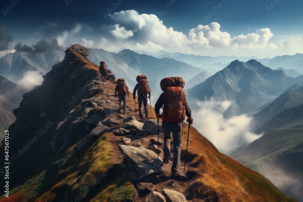 A group of hikers conquering a challenging mountain trail. A group of hikers conquering a challenging mountain trail.