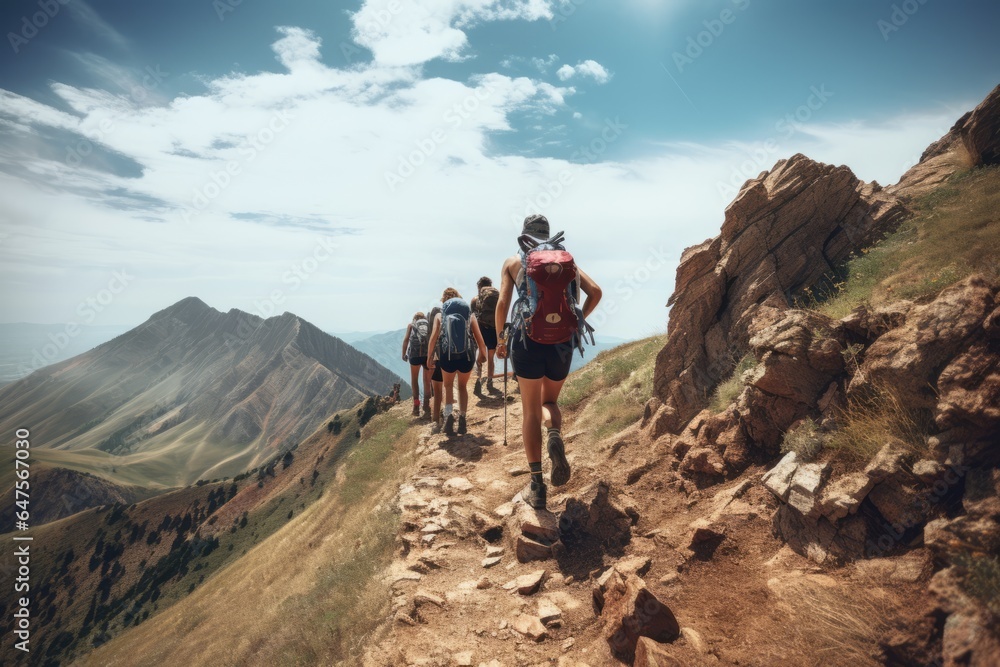 A group of hikers conquering a challenging mountain trail. 