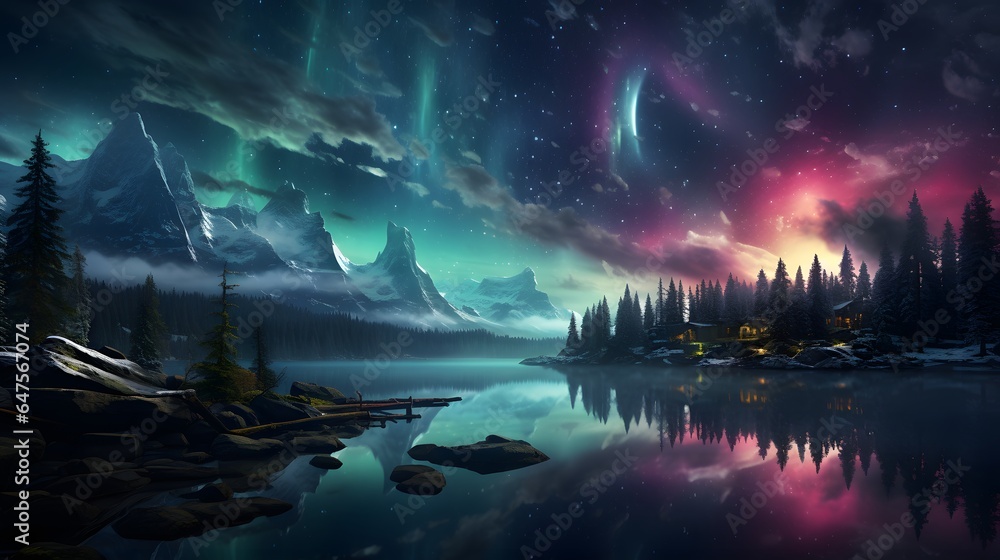 background, the winter aurora creates a stunning spectrum of colors in the night sky, including purple, green, and blue.