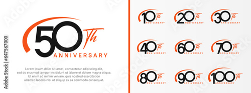 set of anniversary logo black color number and red swoosh on white background for celebration