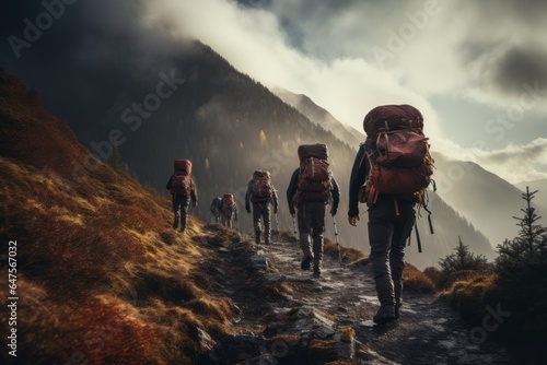 A group of hikers conquering a challenging mountain trail. 