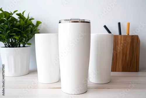 White stainless steel sublimation blank tumblers with straw, product shot. photo