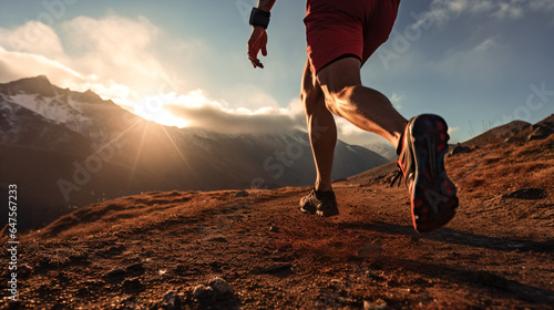 Muscular male trail runner running uphill on the mountain at sunset. Sport training in the nature. © eshana_blue