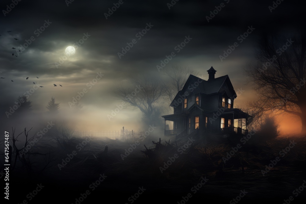 A spooky haunted house at dusk, surrounded by fog and eerie lighting for Halloween. A spooky haunted house at dusk, surrounded by fog and eerie lighting for Halloween.