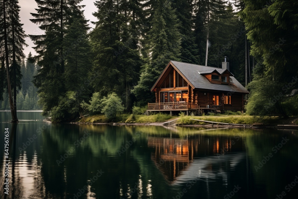 Obraz premium A tranquil lakeside cabin surrounded by towering pine trees.