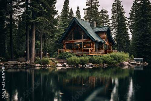 A tranquil lakeside cabin surrounded by towering pine trees.