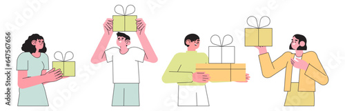 Collection of happy smiling people holding gift box with presents and celebrate birthday or anniversary. Concept of corporate employee greeting, winner, surprise or christmas event with prizes.