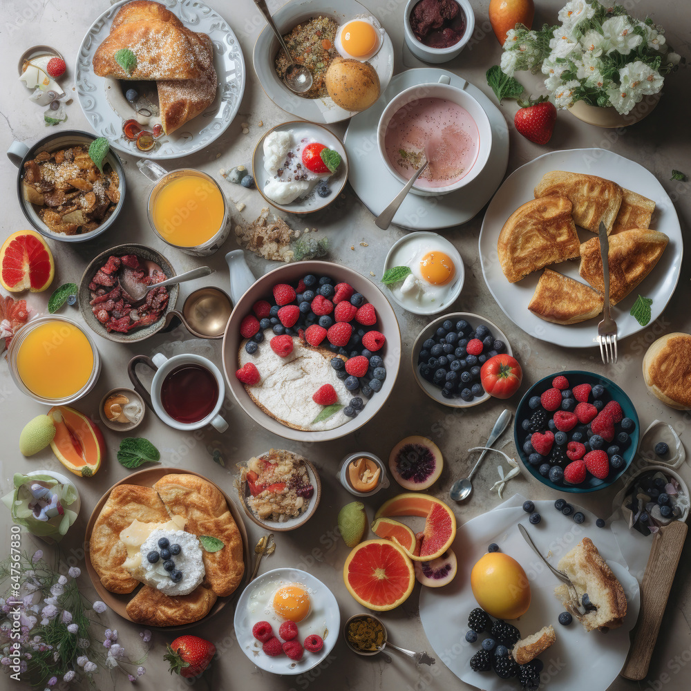 Breakfast table with berries & baked goods Breakfast table with berries & baked goods