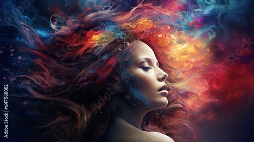 colorful abstract beautiful woman portrait, ethereal everness galaxy