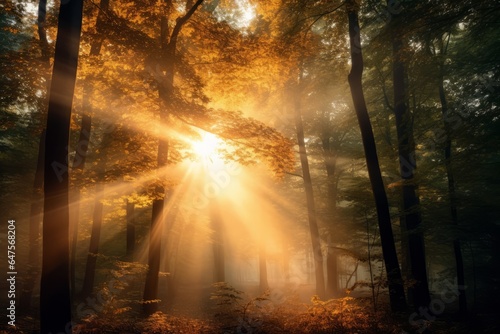 Golden sunlight filtering through a dense forest canopy in autumn.