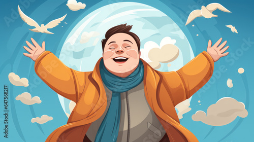 Vector illustration of a happy syndrome down young man with open arms in the sky. photo