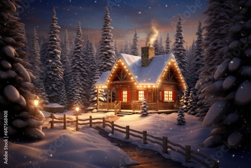 Christmas night with a quaint  snow-covered cabin nestled in the woods. Its windows shimmer with the warm light of candlelit luminaries  creating a magical and peaceful holiday atmosphere