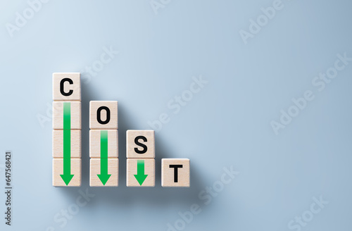 Lean and Cost reduction concept. Decreasing company expenses to maximize profits. Stacked wooden cube with word cost and green down arrows. Business improvement, manufacturing optimization management.