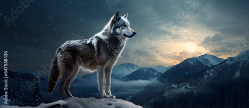 a wolf standing on top of a snow covered mountain