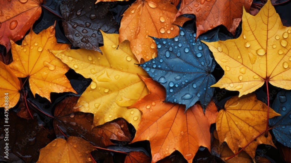 Obraz premium pattern of autumn leaves, raindrops on them