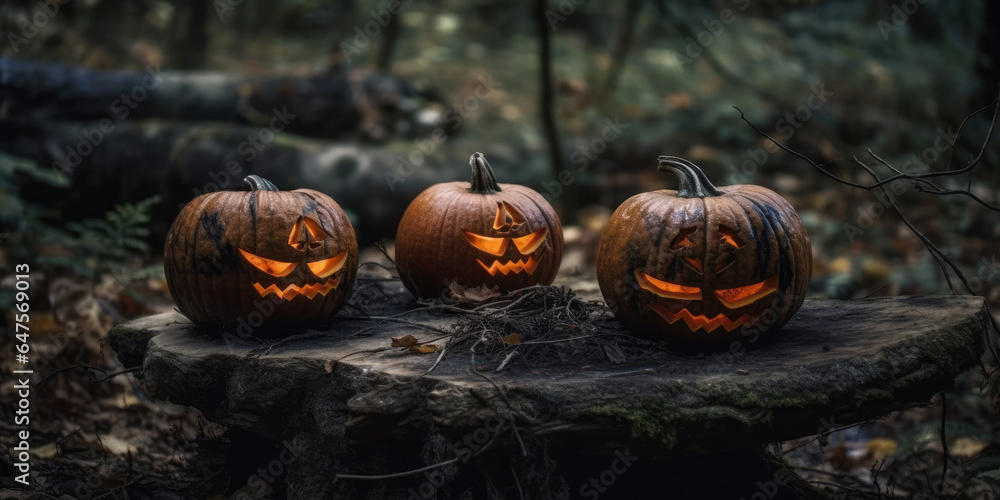 Illuminated halloween pumpkins on an old table. Generative AI. Illuminated halloween pumpkins on an old table. Generative AI.