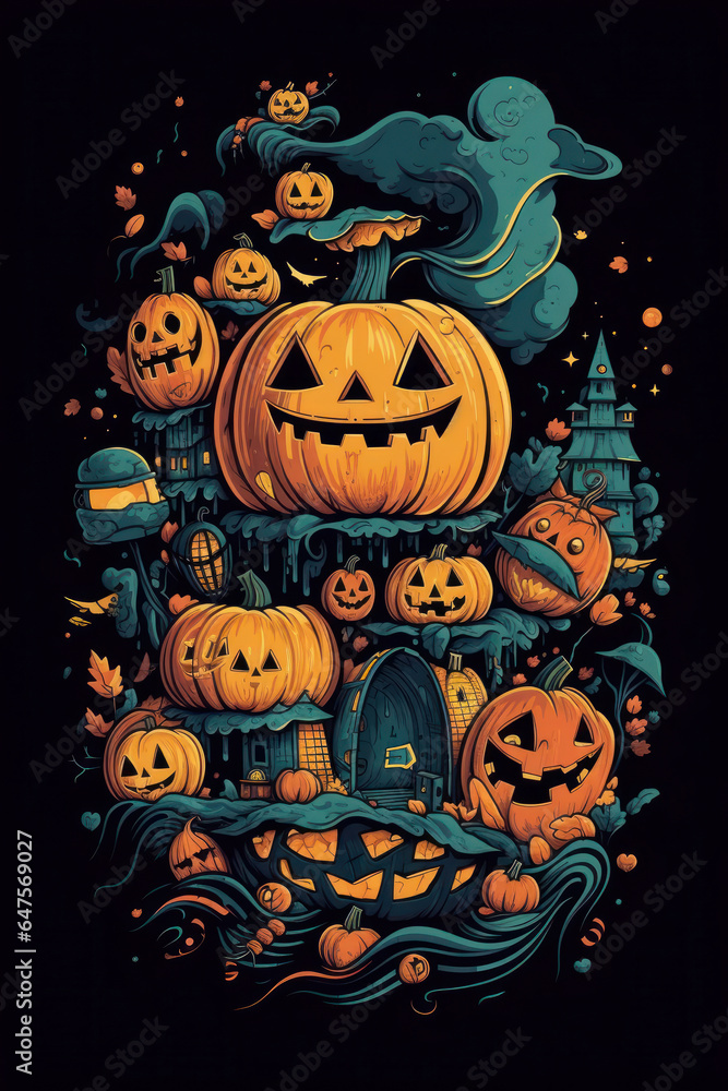 Artistic painting of Halloween background with pumpkins in scary world. Generative AI. Artistic painting of Halloween background with pumpkins in scary world. Generative AI.