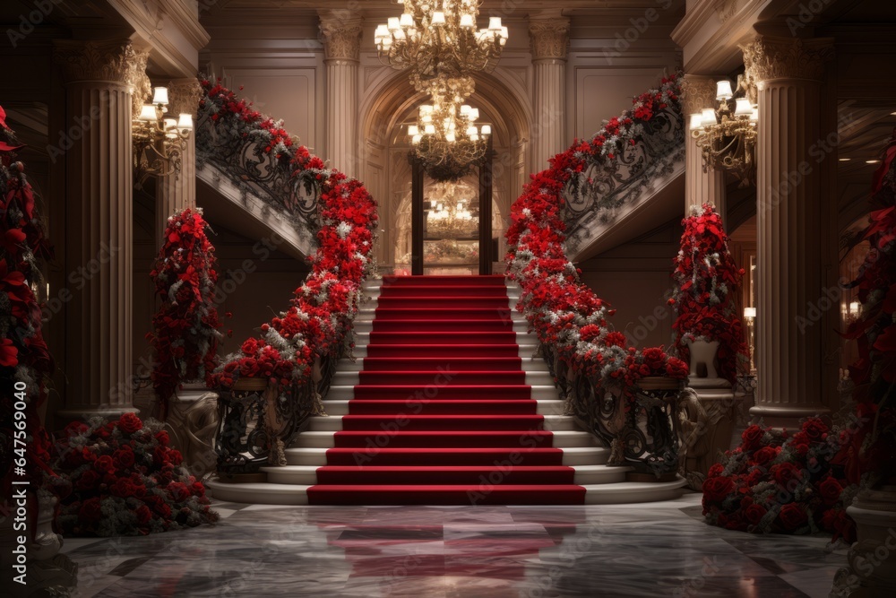 beautifully decorated foyer,  grand staircase is swathed in christmas garlands and twinkling lights. A majestic chandelier overhead casts a warm glow on the carefully arranged poinsettias and wreaths