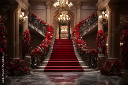 beautifully decorated foyer, grand staircase is swathed in christmas garlands and twinkling lights. A majestic chandelier overhead casts a warm glow on the carefully arranged poinsettias and wreaths