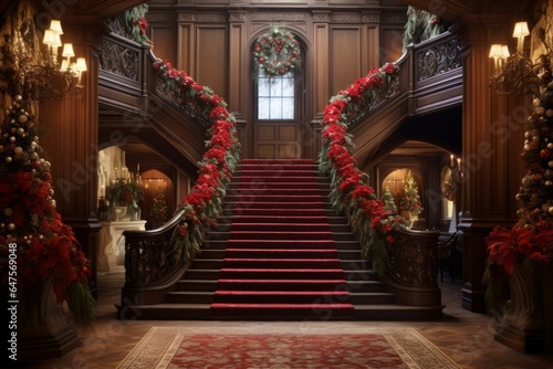 beautifully decorated foyer, grand staircase is swathed in christmas garlands and twinkling lights. A majestic chandelier overhead casts a warm glow on the carefully arranged poinsettias and wreaths