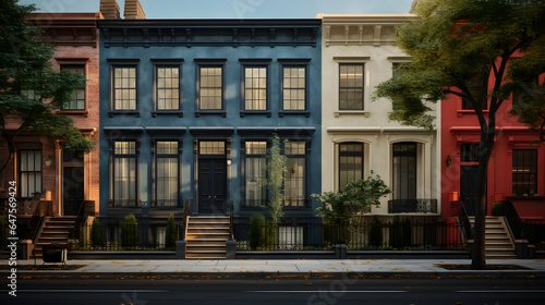 This highly detailed photograph captures the urban elegance of a modern townhouse. With clean architectural lines, large windows, and a tasteful color palette. © CanvasPixelDreams