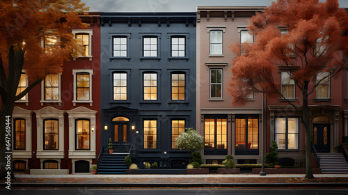This highly detailed photograph captures the urban elegance of a modern townhouse. With clean architectural lines, large windows, and a tasteful color palette.