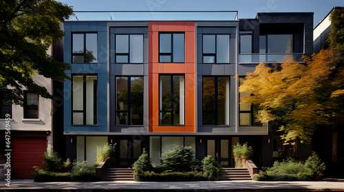 This highly detailed photograph captures the urban elegance of a modern townhouse. With clean architectural lines, large windows, and a tasteful color palette. © CanvasPixelDreams