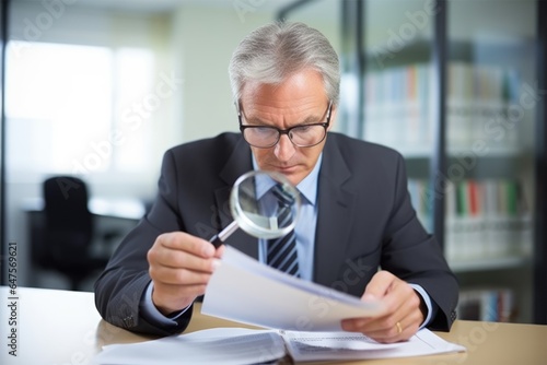 Businessman examining document with magnifying glass