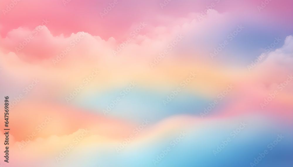 Abstract watercolor beautiful gradient background in bright colors. Sunset sky and white clouds, blue, pink and yellow.